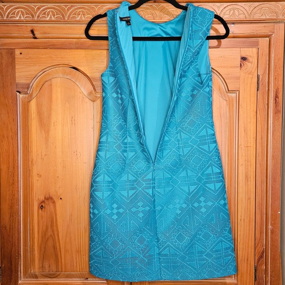 Cynthia Steffe Teal Geometric Sheath Dress With Embroidered Overlay Size‎ 2 - Picture 6 of 9